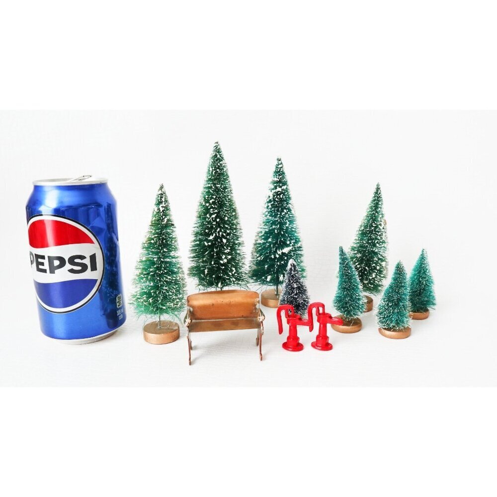 8 Vintage Bottle Brush Christmas Trees With Wood Base Miniature Copper Bench 2 M - Picture 7 of 10